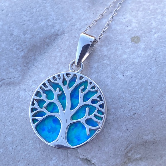 Tree of Life Pendant Necklace .925 Sterling Silver with faux blue opal - Picture 3 of 7